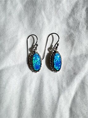 Sterling Silver Drop Earrings with Blue Opal Inlay
